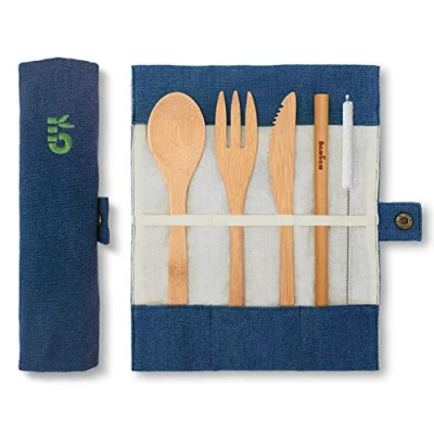 Imagen de Cubierto de bambú cubiertos madera ecológicos Utensilios Set para picnic camping Cucharada, tenedor, cuchillo, pajita 20 cm Mar Bambaw
