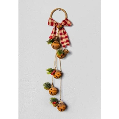 Imagen de SHATCHI Campanas Colgantes Doradas/Plateadas con Cinta, Bayas y piñas para Puerta de Pared, decoración Navidad Fiestas 46 cm/27 cm, Rojo rústico, cm