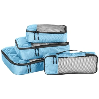 Imagen de Amazon Basics Organizador Para Maletas, Organizadores de Viaje, con Cremallera, Juego 4 Bolsas, Grande/Mediano/Pequeño/Delgado, Azul Cielo