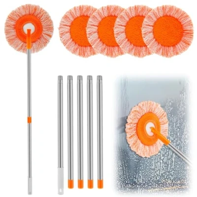 Imagen de fregona de limpieza pared redonda, microfibra para techo con mango largo extensible ajustable y giratoria 74 pulgadas 5 paños fregona, limpiador polvo seco húmedo
