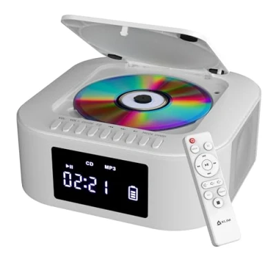 Imagen de KLIM Boombox E1 Reproductor de CD portátil Bass Boost con Subwoofer Radio FM y batería Recargable Bluetooth, MP3, AUX, CD, USB Mando Blanco