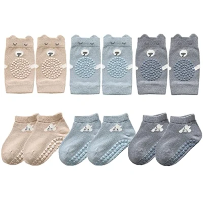 Imagen de FedMois 3 Pares Rodilleras Bebé Gateo + Calcetines Antideslizantes de Algodón con Motivos Animales, gris oscuro, azul y beige, 0 9 meses