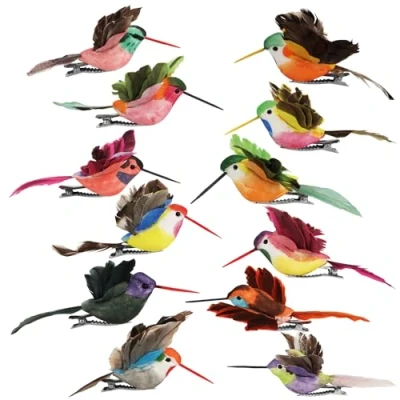 Imagen de com four® 12x colibríes Decorativos pájaros de Flores Artificiales en diseños Coloridos pequeños con Plumas y Clip Metal pájaro Decorativo (12 Piezas Colibrí)