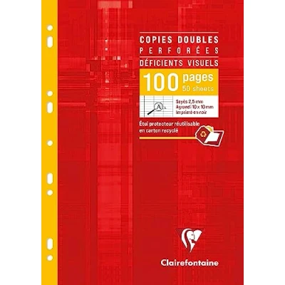 Imagen de Clairefontaine 4729C Un étui carton de 96 pages Copies doubles perforées pour déficients visuels 21x29,7cm 90g grands carreaux NOIRS 2,5mm agrandi 10/10