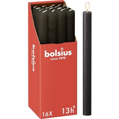 Imagen de Bolsius Velas cónicas para cenas, color antracita, paquete de 16, larga duración combustión 13 horas, vela doméstica, decoración interiores, sin perfume, cera natural vegana, 27 x 2,3 cm