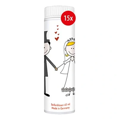 Imagen de PUSTEFIX Juego de 15 pompas jabón clásicas 42 ml, para bodas, cómic, coloridas, hechas en Alemania, burbujas cumpleaños infantiles, paquete 15x42 ml