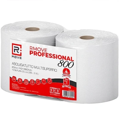 Imagen de R MOVE 2 rollos de papel secado 1,7 kg en total, 900 tiras, larga duración, extra resistente, bobina capas pura celulosa, secador, absorbente cocina
