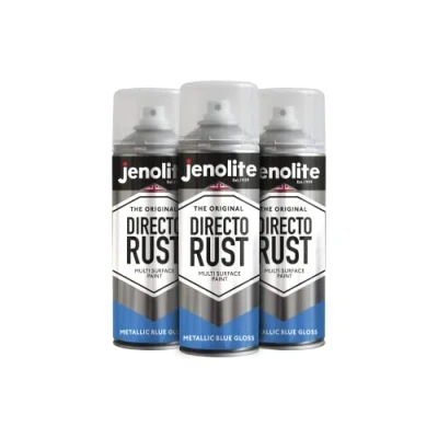 Imagen de JENOLITE Directorust Pintura Metálica Brillo AZUL en aerosol multisuperficie Imprimador, capa base y superior todo uno 3 x 400ml