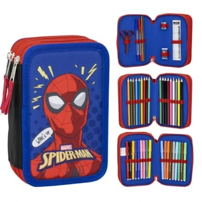 Imagen de Estuche de 3 Compartimentos Spiderman Color Azul 12,5x6,5x19,5 cm Fabricado con 100% Poliéster Cierre Cremallera Incluye Accesorios Producto Original Diseñado en España