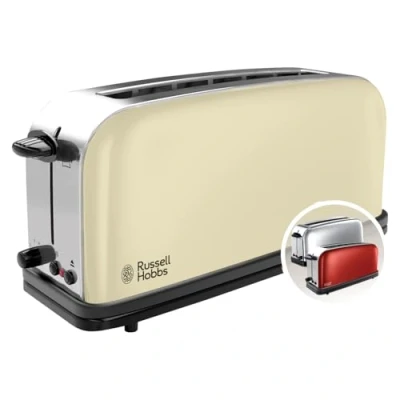 Imagen de Russell Hobbs Tostadora Colours Plus 1 Ranura Larga y Ancha para 2 Rebanadas, Bandeja Recogemigas, Calientapanecillos, Función Cancelar Descongelar, Acero Inoxidable, Crema 21395 56