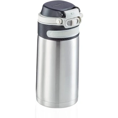 Imagen de Leifheit Vaso térmico Flip (350 ml) con tapón de rosca, taza hermética bloqueo adicional contra fugas, termo portátil, uso una mano, plateado