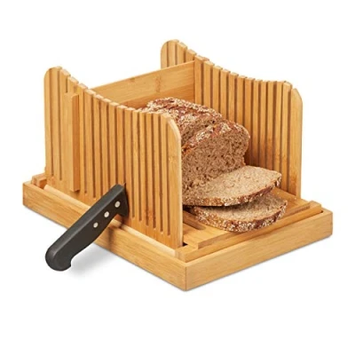Imagen de Relaxdays Cortador de Pan, Tabla Cortar con Guía y Recogemigas, Para Rebanadas Tostada Bizcocho, Bambú, Marrón