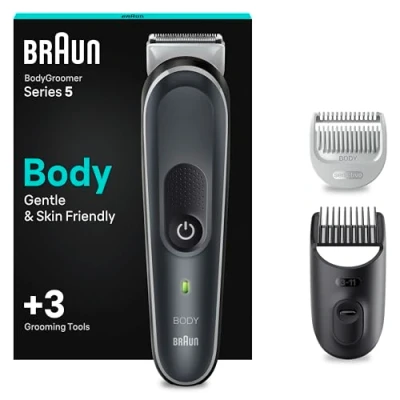 Imagen de Braun Recortadora Corporal 5 BG5350, Afeitadora Masculina Con Tecnología SkinShield, Peine Para Zonas Sensibles, cortapelos hombre, maquina De afeitar, Lámina Larga Duración, Gris/Blanco