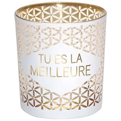 Imagen de Draeger Paris Portavelas con Mensaje TU ES LA MEILLEURE, Cristal Blanco y Dorado, 8 x 7,5 cm