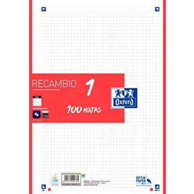 Imagen de Oxford, Hojas Cuadriculadas A4 Recambio Archivador, 100 Hojas, Cuadrícula 5x5. Banda Color Rojo