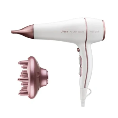 Imagen de Ufesa Secador de Pelo Profesional Air Glow 2200W, Motor AC, Elimina el Encrespamiento, Incluye Difusor y Concentrador, 2 Velocidades, 3 Temperaturas, Golpe Aire Frío, Blanco/Rosa