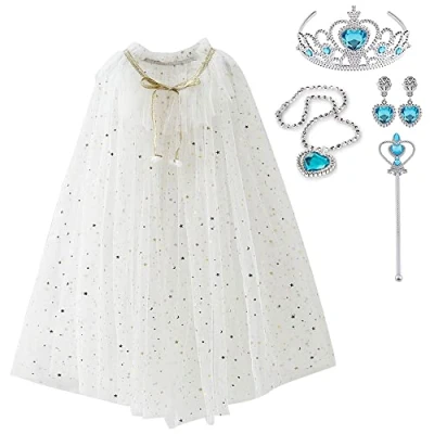 Imagen de skyllc Capa de princesa para niña, disfraz princesa, con corona, collar y pendientes, varita mágica, fiesta carnaval, cosplay, niñas, Halloween