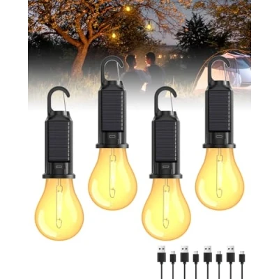 Imagen de Lámpara Camping Recargable, Linterna de Portátil LED Bombilla con 3 Modos Iluminación, Luz Solar Recargable para Tienda Campaña Pesca Senderismo, 4 PCS