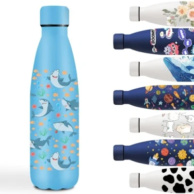 Imagen de Botella Agua Acero Inoxidable 500ml, Cantimplora Inoxidable, a Prueba de Fugas, Personalizada con Tiburón, Infantil para la Escuela, Oficina, Viajar, Deportes, Azul