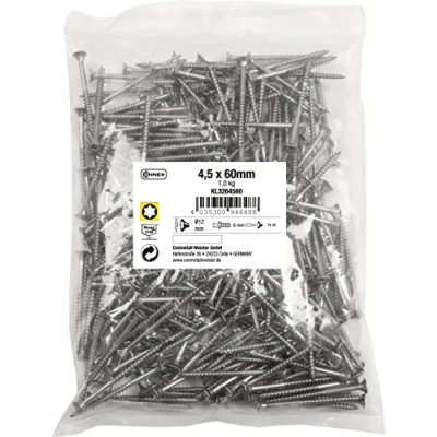 Imagen de Connex KL3264560 Tornillos universales (4,5 x 60 mm, 1 kg, cabeza avellanada, tracción TX, rosca parcial, acero inoxidable, juego de tornillos/tornillos en bolsa)