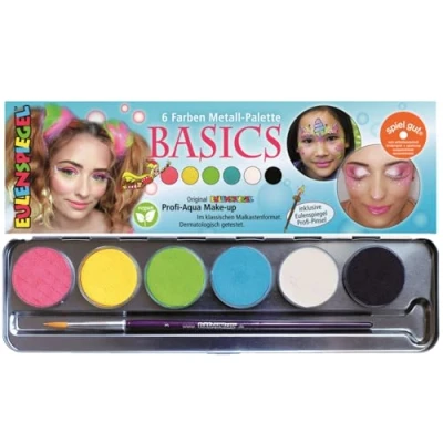 Imagen de Eulenspiegel 206218 Paleta de maquillaje Basics, 6 colores, 1 pincel, set vegano, infantil, carnaval, teatro [Exclusivamente en Amazon]
