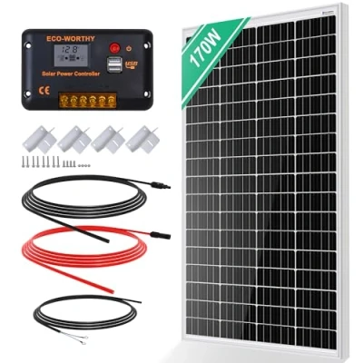 Imagen de ECO WORTHY Kit Panel Solar Monocristalino de 12V 170W con Controlador Carga 30 A + Adaptador 5m Soportes Z, Fuera La Red, Adecuado para Caravanas, Barcos