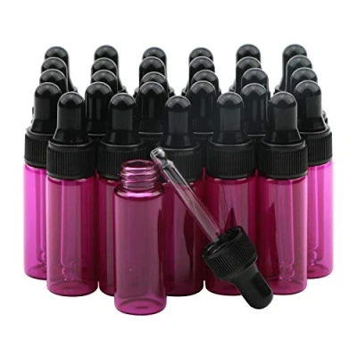 Imagen de Rowiz 30 botellas cuentagotas pequeñas de 5 ml botella vidrio aceite esencial, loción perfume muestra frascos con gotero y tapas negras rosa. (rosa)
