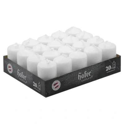 Imagen de Hofer Velas cilíndricas de cera en columna Larga duración 7 horas Juego 20 velas, 4 x cm, color blanco Antigoteo 1 paquete unidades