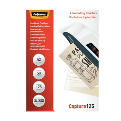 Imagen de Fellowes 5309302 Pack de 50 fundas para plastificar, A2, acabado brillo, 125 micras