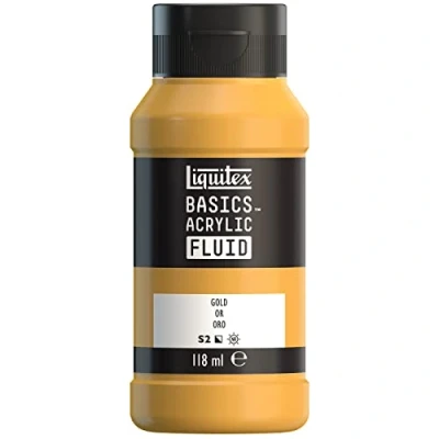 Imagen de Liquitex Basics Fluid Pintura acrílica de consistencia fluida, secado rápido, resistente a la luz, impermeable, acabado satinado permanente, bote 118 ml, oro