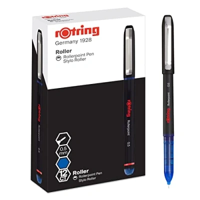 Imagen de rOtring bolígrafo Rollerball, punta de aguja (0,5 mm) para una escritura precisa, tinta azul, 12 unidades