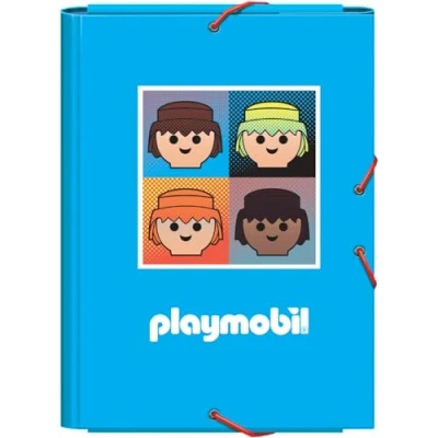 Imagen de Dohe Carpeta Escolar Solapas y Gomas Tamaño Folio 26,5x35 cm, Capacidad 100 Hojas, Tapa Dura de Cartón, Portafolios Vuelta al Cole, Material Playmobil Core Azul