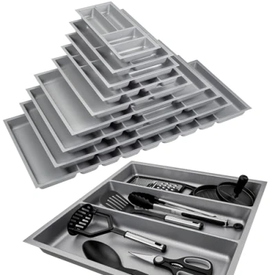Imagen de ORGA BOX 3 Inserto multifuncional fondo: 473 x ancho: 491 mm gris plateado con estructura de lona para cajones 60 cm, p.ej. en cocinas Nobilia a partir 08/2012.