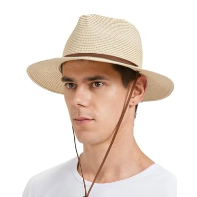 Imagen de Zylioo sombreros de paja para el sol mujer, ala ancha, UPF 50+, sombrero Fedora Panamá, playa plegables con rayos UV, Correa beige, M