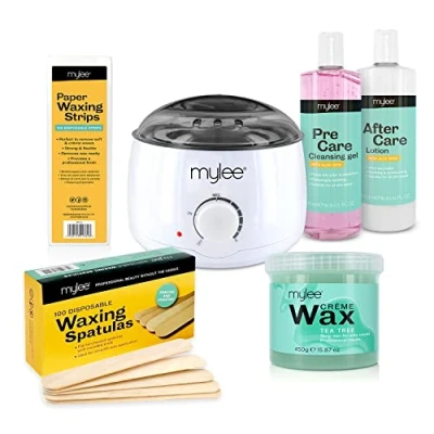 Imagen de Kit completo de Cera Mylee, incluye calentador calidad salón, crema suave, tiras cera, espátulas y loción cuidado previo posterior Mylee (Kit + Árbol Té)
