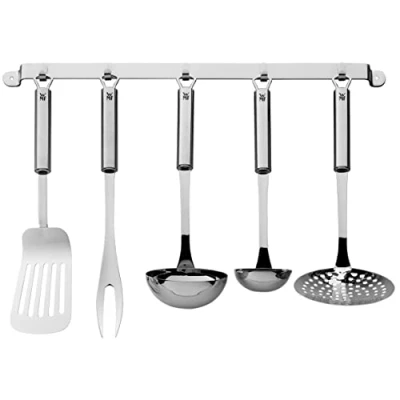 Imagen de WMF Profi Plus Juego de Cocina 6 piezas, Estante para Colgar con 5 Ayudantes, Cucharón, Espumadera, Cuchara salsa, Espátula, Tenedor carne, Acero Inoxidable Pulido