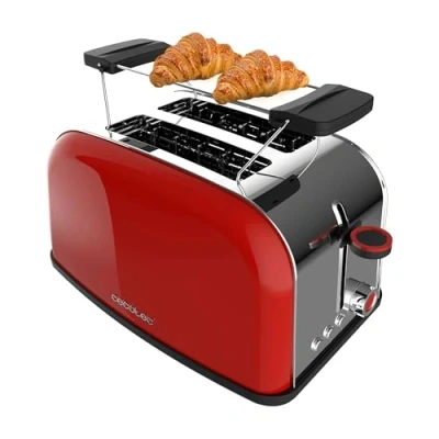 Imagen de Cecotec Tostador Vertical Toastin&#039; Time 850 Red, 850W, Doble ranura corta y ancha 3,8cm, Varillas Superiores, Acero Inoxidable, Apagado Pop up Automático, Recogemigas