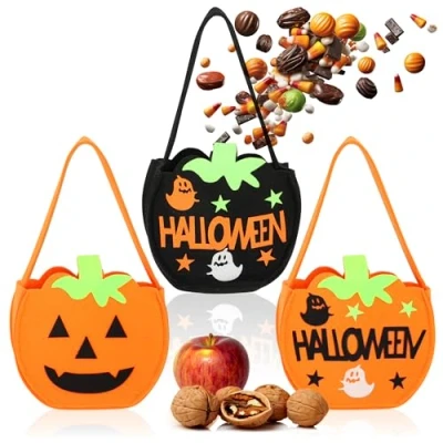 Imagen de com four® 3X Bolsa de Halloween para Recoger Dulces recolección Hecha Fieltro Regalo con Motivos Miedo niños (03 Piezas Naranja + Negro)