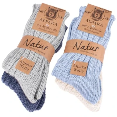 Imagen de BRUBAKER 4 Pares de Calcetines 100% Alpaca Set Invierno Para Hombre y Mujer Azul Gris Beige Talla 47 50