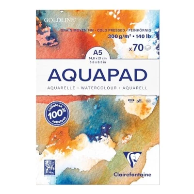 Imagen de Clairefontaine 975720C Bloc Encollé Goldline Aquapad 70 Feuilles Papier Aquarelle Blanc Grain Moyen Fin A5 14,8x21 cm 300g