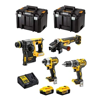 Imagen de DeWALT Kit DWK400 (Taladro Percutor DCD796 + Martillo Perforador DCH273 Mini Amoladora DCG405 Atornillador de Impacto DCF887 2 Baterías 5,0 Ah Cargador x TSTAK VI)