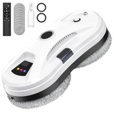 Imagen de Eznaobo Robot limpiador de ventanas con función pulverización, 5600 Pa, automático, eléctrico, mando a distancia para interiores y exteriores, 10 trapos (blanco)