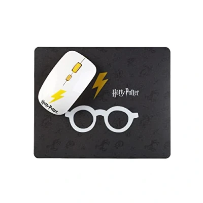 Imagen de Pack Ratón + Alfombrilla Warner Harry Potter WHPMCO001, Inalámbrico, Óptico, 1600 ppp, Blanco/Negro
