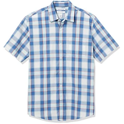 Imagen de Amazon Essentials Camisa de Popelín Manga Corta Ajuste Normal Hombre, Azul A Cuadros, L