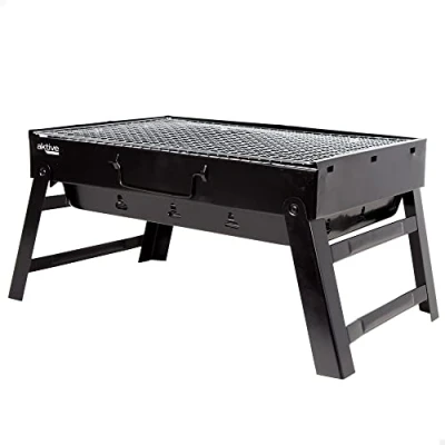 Imagen de AKTIVE 63032, Barbacoa Portátil a carbón de acero Negra y rectangular, plegable, Medidas 43 x 29 22 cm, Con asa, fácil transportar, parrilla camping, terraza, balcón