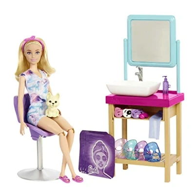 Imagen de Barbie Juego Día de SPA Máscara Brillante Muñeca Rubia Articulada y Perrito 15+ Accesorios Muñeca: 29,21 cm Regalo para Niños 3 7 Años, HCM82