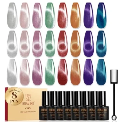 Imagen de ROSALIND Esmaltes Semipermanentes Magnético, 8 Colores Ojo de Gato Blanco Rosa Verde Rojo Morado Azul Pintauñas Glitter Cat Eye,UV/LED Mini Esmalte Uñas Cristal Eye Manicure Regalo