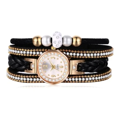 Imagen de JewelryWe Reloj de Pulsera Trenzado Cuero para Mujer, Analógico Cuarzo con Diamantes, Bohemio Vintage Cuentas, Correa Multicapa Regalo Enamorada, Negro
