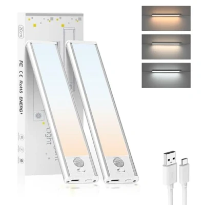 Imagen de Moman Luz LED con Sensor de Movimiento, 20CM/2Pcs Armario 1000mAh Recargable 3 Colors/2 Modos Cocina Bajo Mueble Regulable para Gabinete Pasillo, Luces Lampara