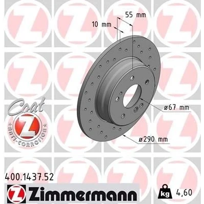 Imagen de ZIMMERMANN SPORT COAT Z 400.1437.52 Disco de freno 290 10 7/5 5 112 macizo, perforado revestido MERCEDES BENZ: Clase C Berlina, CLK Cabrio, Coupé